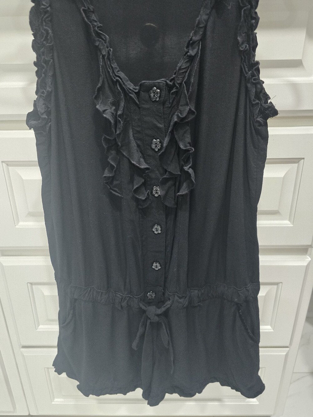 Women’s Black Ruffle Button-Front Tank Top - Picture 6 of 6